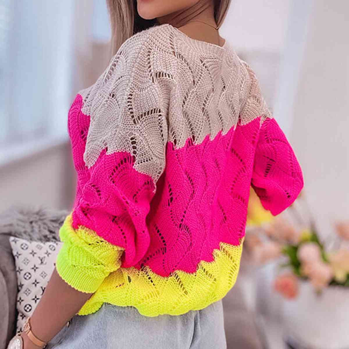 Openwork Color Block Pullover Sweater