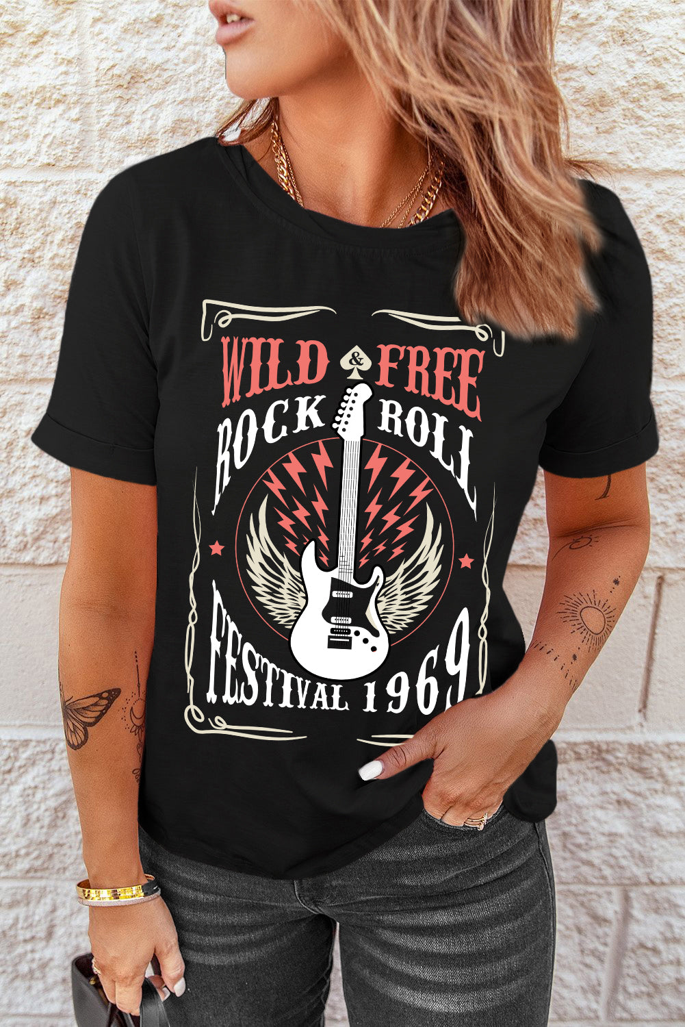 Guitar Graphic Cuffed T-Shirt