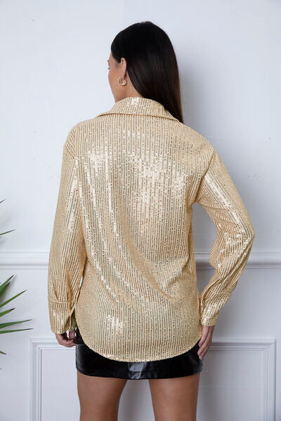 Sequin Collared Neck Long Sleeve Shirt