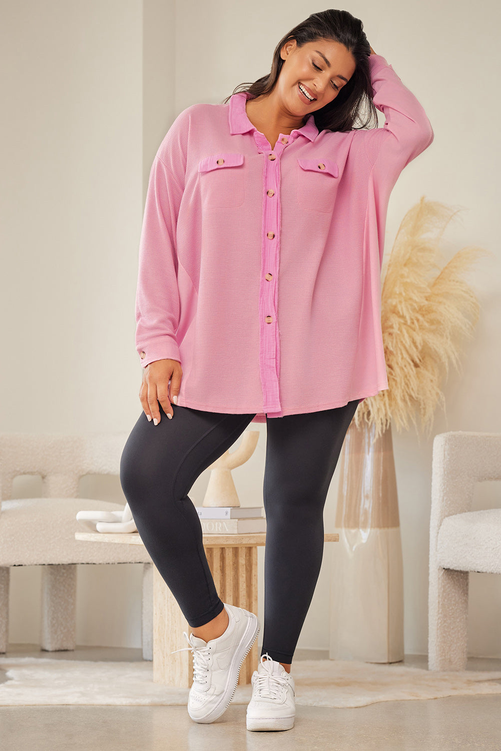 Plus Size Dropped Shoulder Collared Shirt