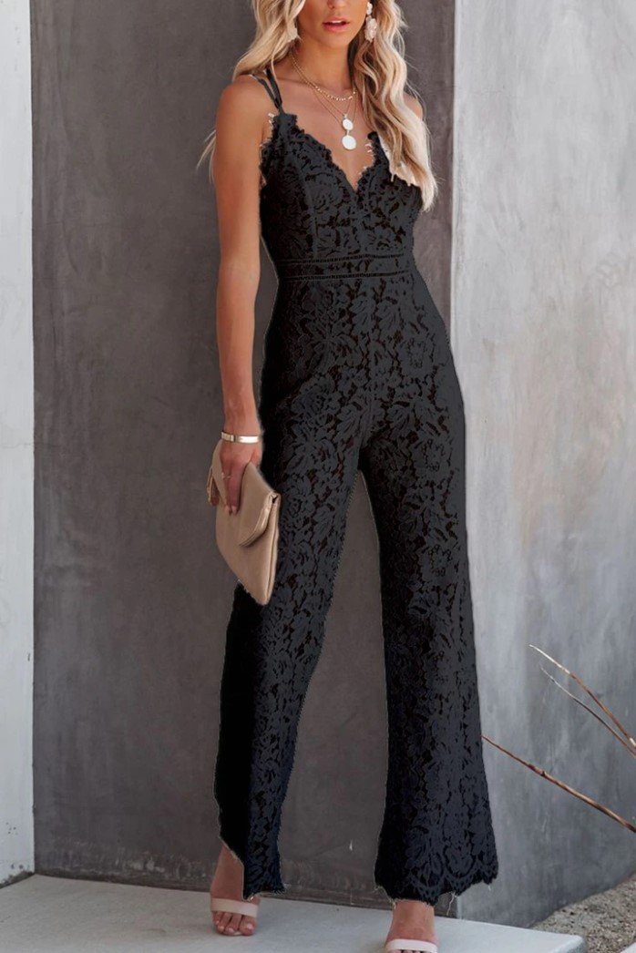 Women's Casual Lace Sleeve Solid Skinny Jumpsuit