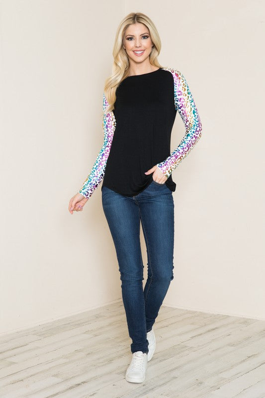 Plus Solid Top with Rainbow Leopard Long Sleeves