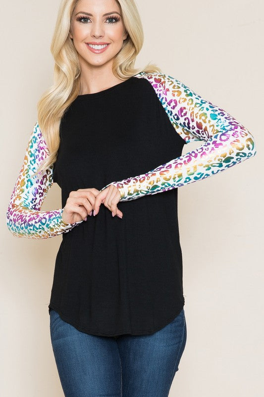 Plus Solid Top with Rainbow Leopard Long Sleeves