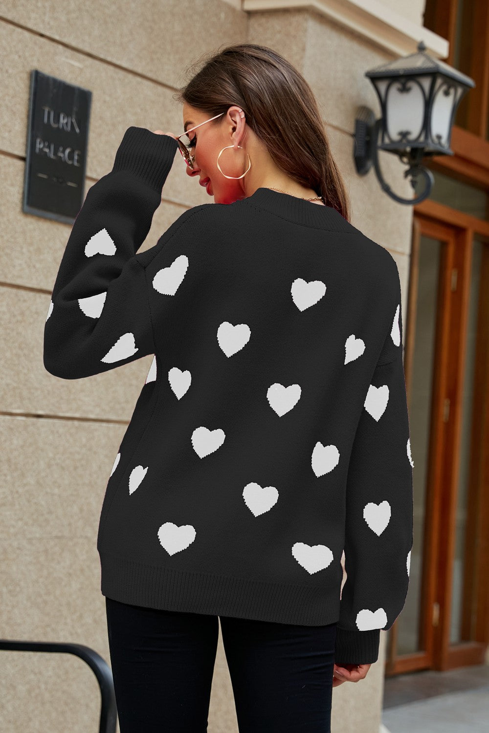Heart Pattern Lantern Sleeve Round Neck Tunic Sweater