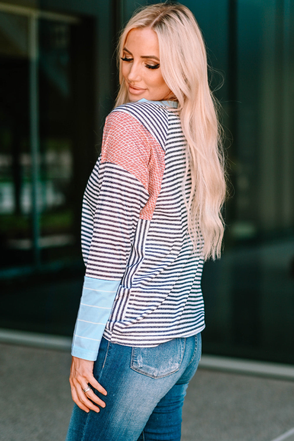 Striped Round Neck Long Raglan Sleeve Tee